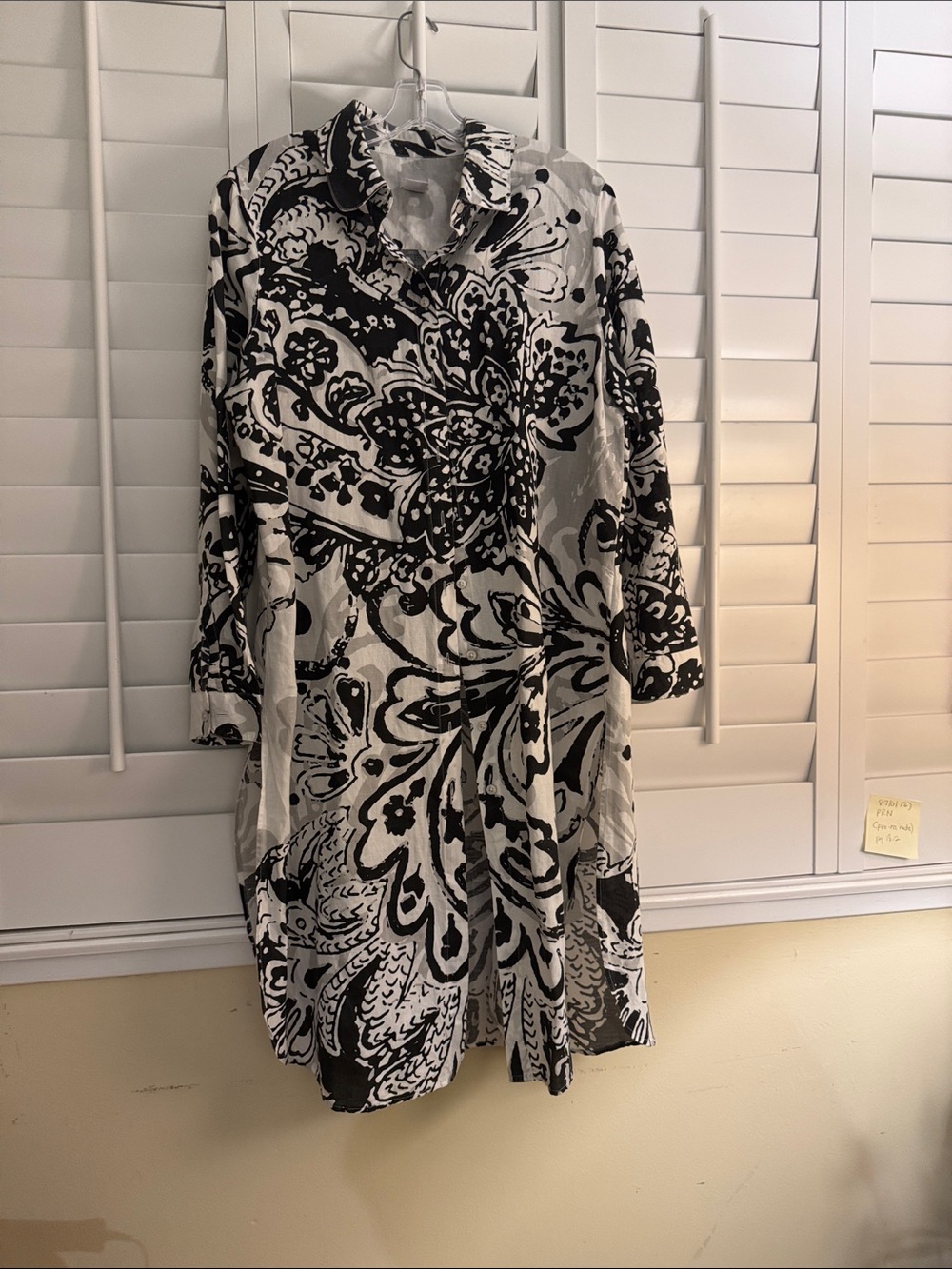 Chico's Black & White Long Sleeve Floral Shirt Dress
